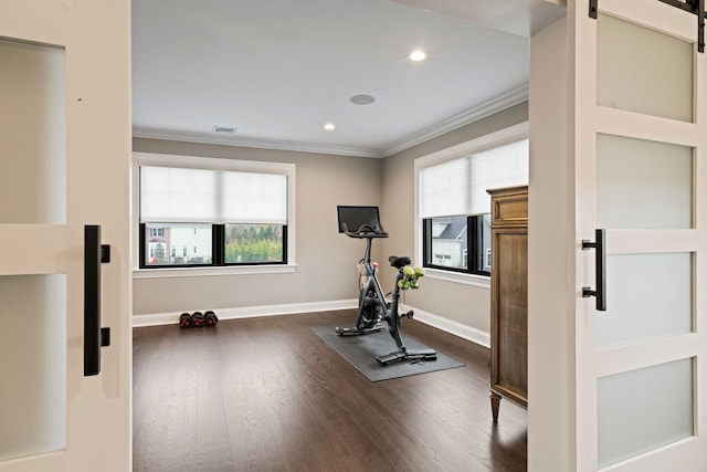 workout area featuring crown molding, a barn door, and dark hardwood / wood-style floors