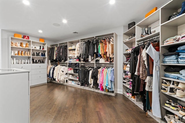 walk in closet with dark hardwood / wood-style floors