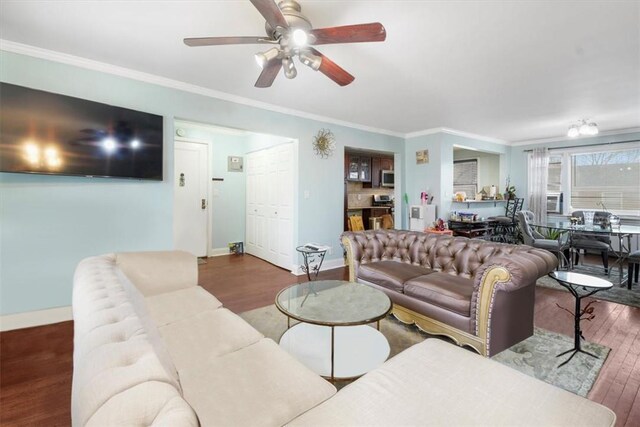 2 Soundview Ave Unit 2D, White Plains, NY 10606 - living area featuring wood finished floors, a ceiling fan, and ornamental molding