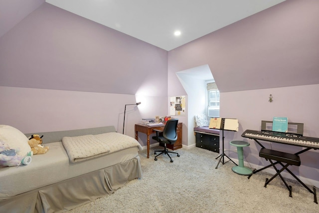 carpeted bedroom featuring lofted ceiling