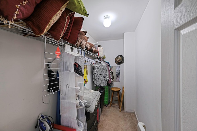 walk in closet with carpet floors and baseboard heating