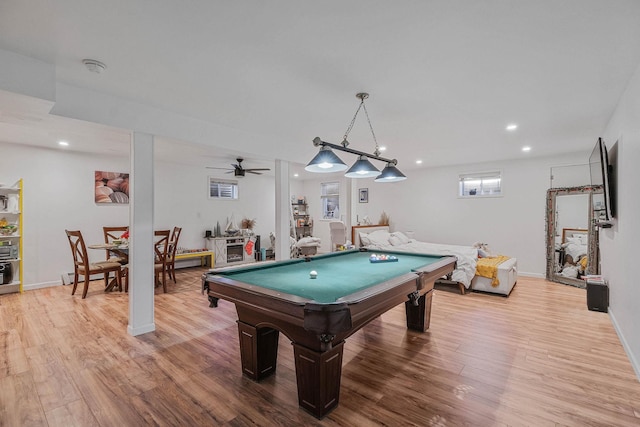 playroom with hardwood / wood-style flooring, ceiling fan, and pool table