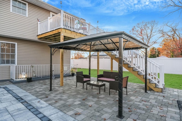 view of patio / terrace featuring a gazebo and outdoor lounge area