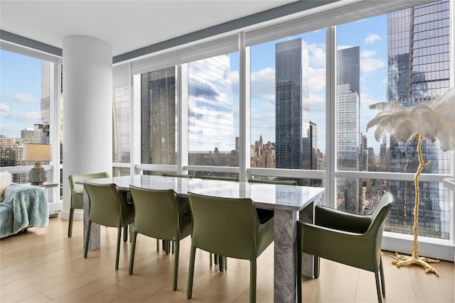 dining space featuring light wood-type flooring, expansive windows, and a healthy amount of sunlight