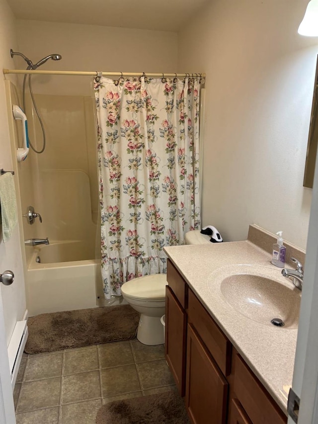 full bathroom with vanity, shower / bath combination with curtain, and toilet