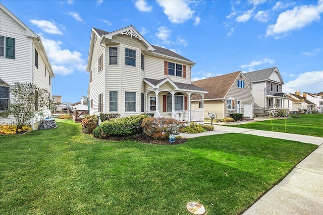 view of front of property featuring covered porch and a front yard