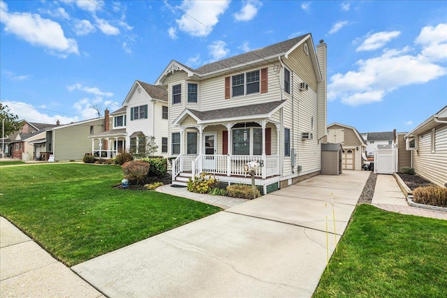 view of front of house featuring a garage, covered porch, an outbuilding, and a front lawn