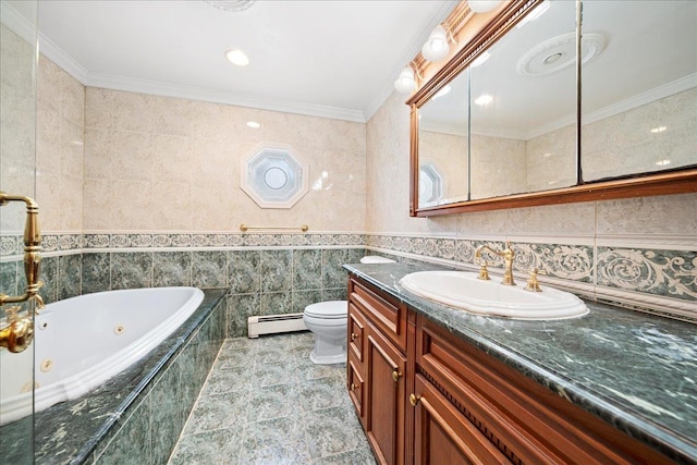 bathroom with toilet, baseboard heating, tile walls, and ornamental molding