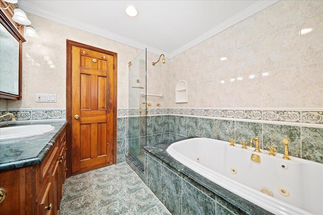 bathroom featuring crown molding, vanity, independent shower and bath, and tile walls