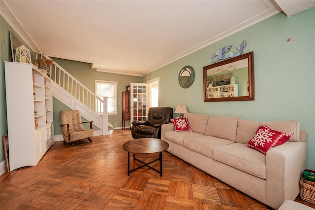 living room with parquet floors and crown molding