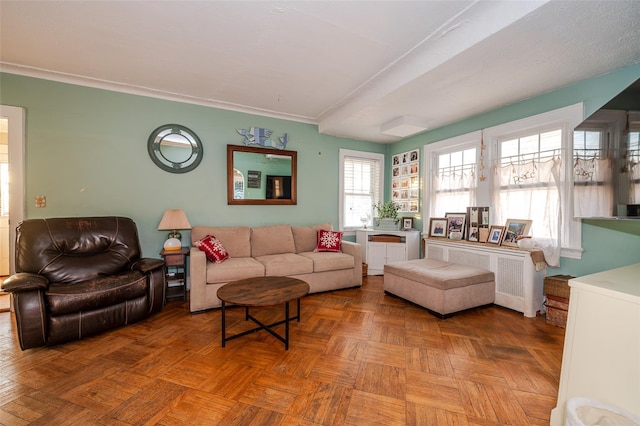 living room featuring radiator heating unit, ornamental molding, and parquet flooring