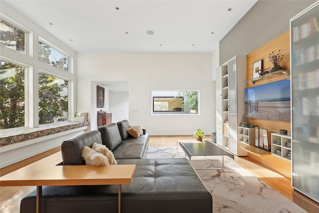 living room with built in shelves, light wood-type flooring, and a wealth of natural light