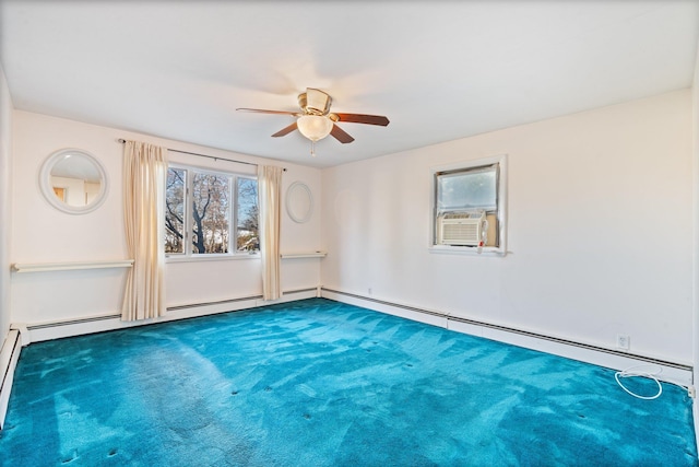 carpeted spare room featuring ceiling fan and cooling unit