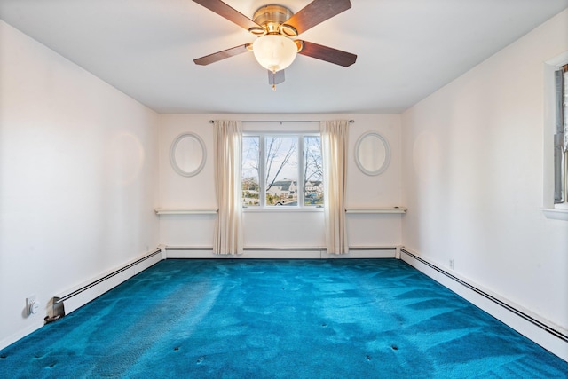 spare room with dark carpet and ceiling fan