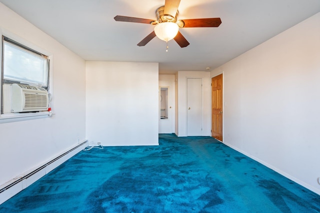 carpeted spare room featuring ceiling fan, cooling unit, and a baseboard heating unit