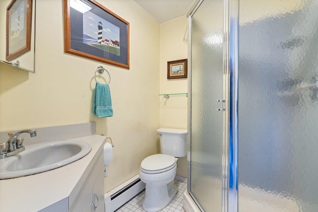 bathroom with tile patterned floors, an enclosed shower, vanity, a baseboard radiator, and toilet