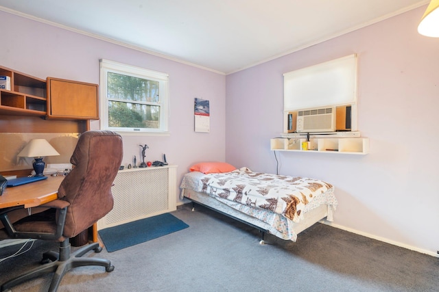 carpeted bedroom featuring cooling unit and ornamental molding