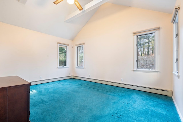 carpeted empty room with baseboard heating, high vaulted ceiling, and ceiling fan