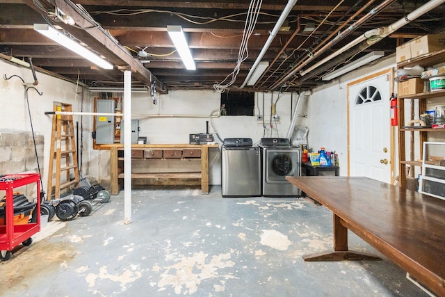 basement featuring washer and dryer and electric panel