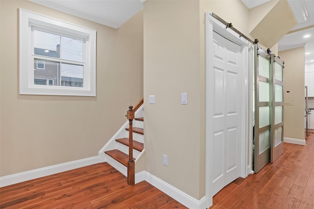 corridor featuring a barn door and hardwood / wood-style floors