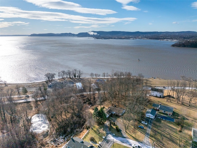 drone / aerial view with a water and mountain view