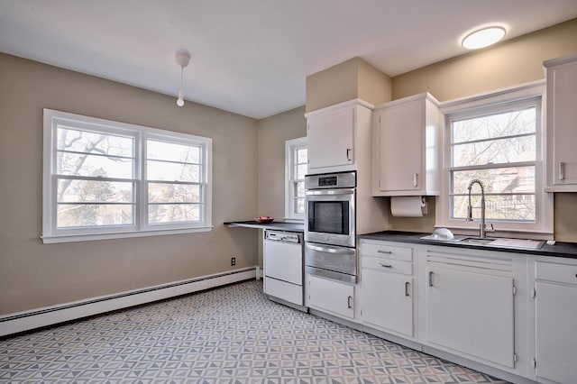 kitchen featuring baseboard heating, dishwasher, white cabinetry, sink, and stainless steel oven