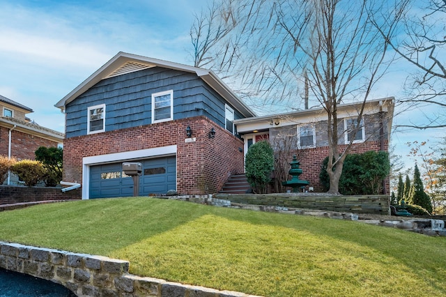 view of front of property featuring a garage and a front lawn