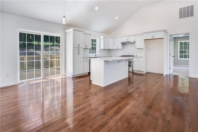 kitchen with a center island, dark hardwood / wood-style flooring, white cabinetry, and gas range