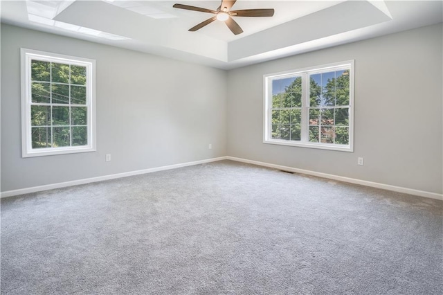 spare room featuring carpet, ceiling fan, and a tray ceiling