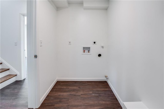 laundry area with gas dryer hookup, hookup for a washing machine, dark wood-type flooring, and hookup for an electric dryer