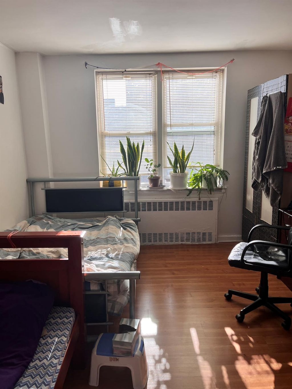 bedroom featuring wood-type flooring and radiator