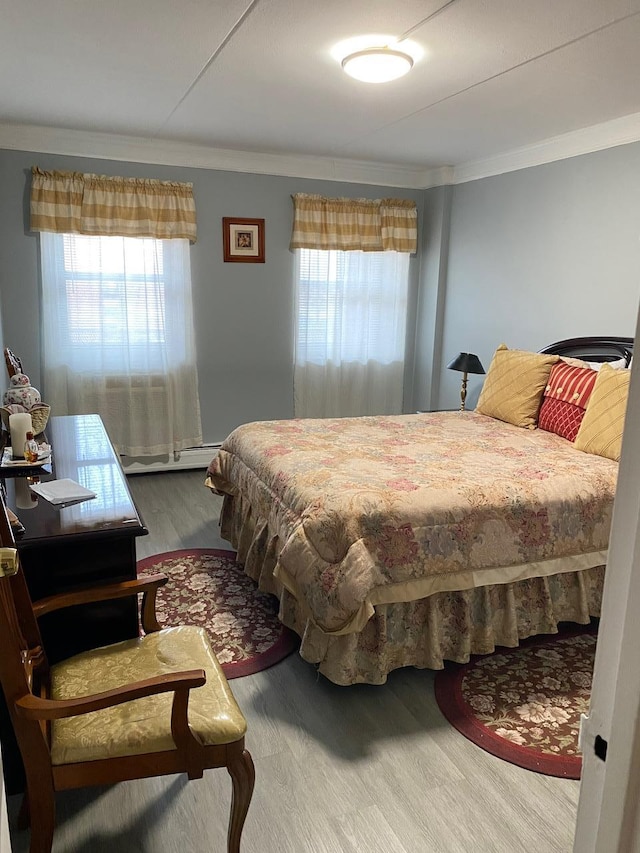 bedroom featuring baseboard heating, multiple windows, and crown molding