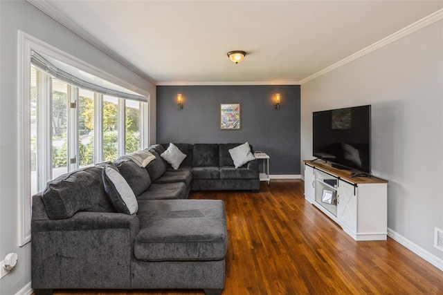 living room featuring crown molding and dark hardwood / wood-style flooring