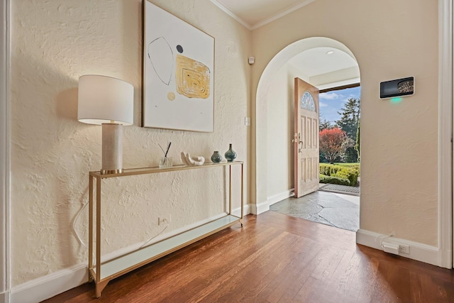 foyer with ornamental molding and hardwood / wood-style floors