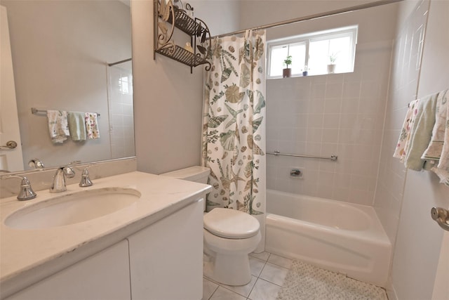 full bathroom featuring shower / bath combo, vanity, toilet, and tile patterned floors