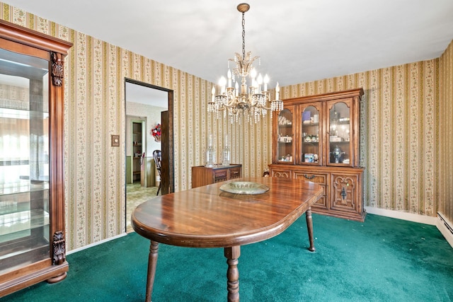 dining space with a notable chandelier and dark colored carpet