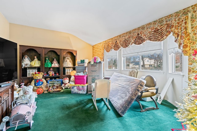 game room with carpet floors and lofted ceiling