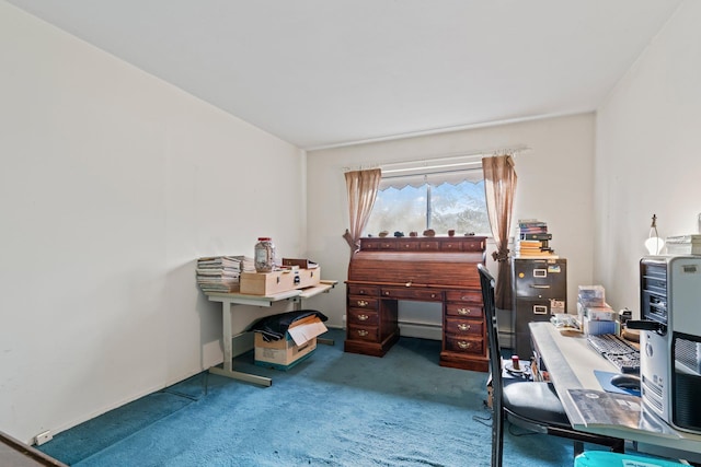 office area with baseboard heating and carpet floors