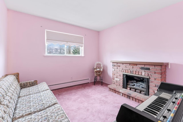 carpeted living room featuring a baseboard radiator and a brick fireplace