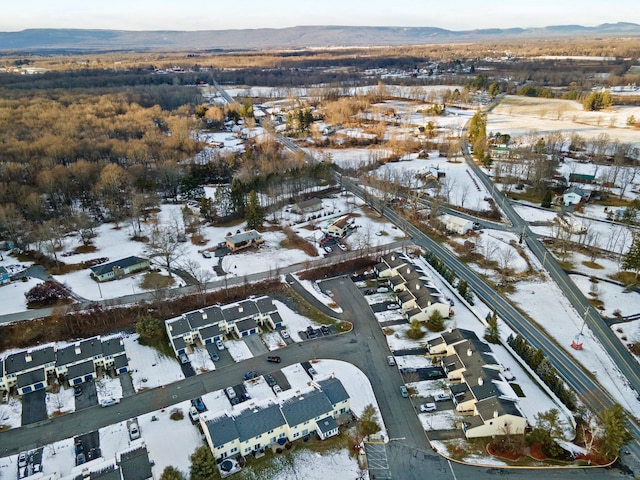 snowy aerial view featuring a mountain view