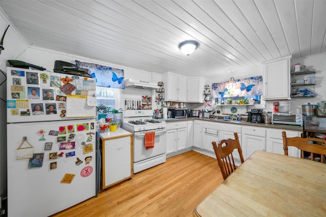 kitchen with white cabinets, white appliances, range hood, and light hardwood / wood-style flooring