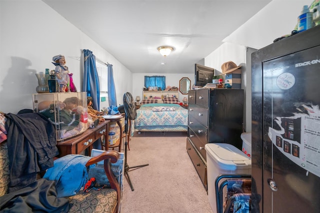 bedroom with light colored carpet