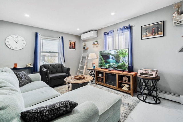 living room with a baseboard radiator and a wall unit AC