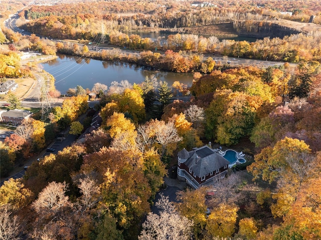 birds eye view of property with a view of trees and a water view