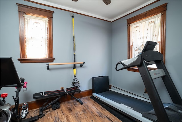 exercise room with baseboards and wood finished floors