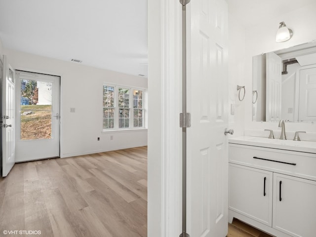 bathroom featuring vanity and wood-type flooring