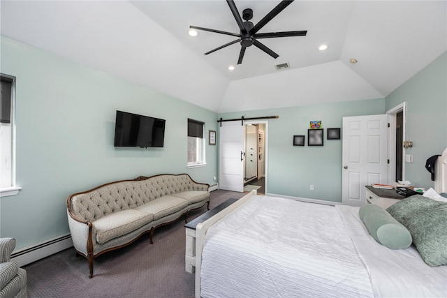 bedroom featuring a baseboard radiator, a barn door, lofted ceiling, and ceiling fan