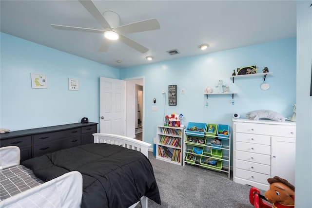 bedroom featuring carpet flooring and ceiling fan