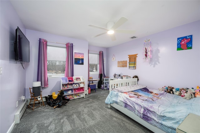 bedroom with ceiling fan and carpet flooring