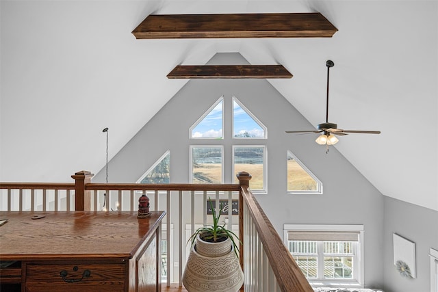 details with ceiling fan and beam ceiling